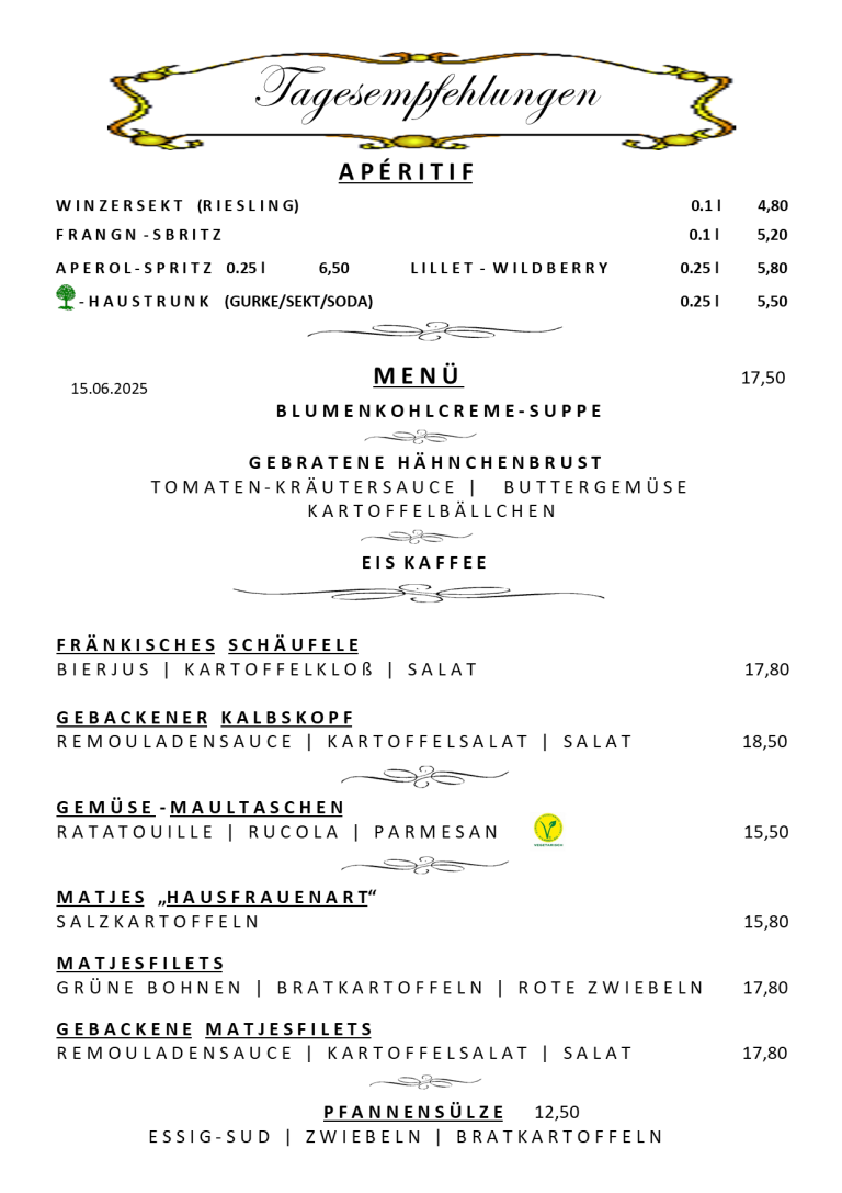 Speisekarte mit verschiedenen Gerichten und Preisen in deutscher Sprache.