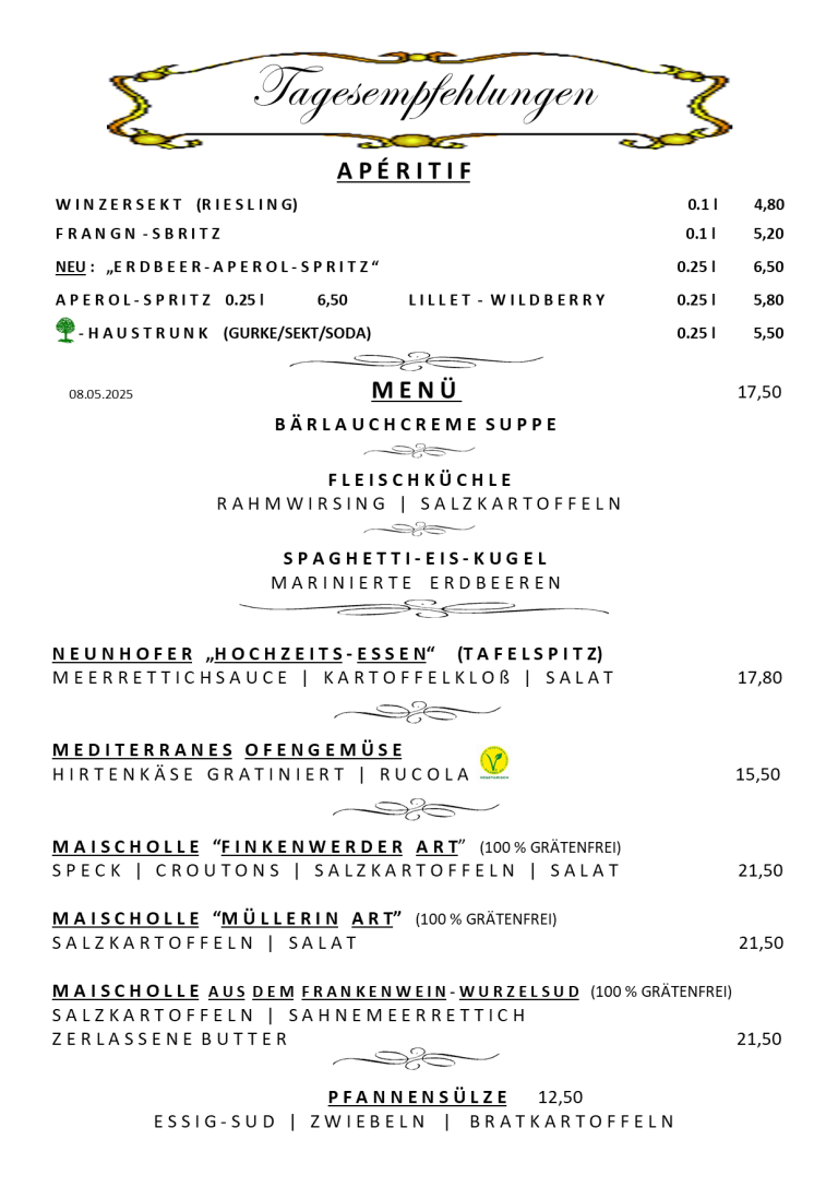 Speisekarte mit verschiedenen Gerichten und Preisen in deutscher Sprache.