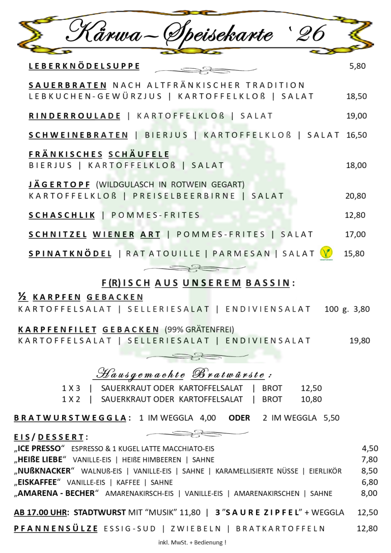Speisekarte mit verschiedenen Gerichten und Preisen
