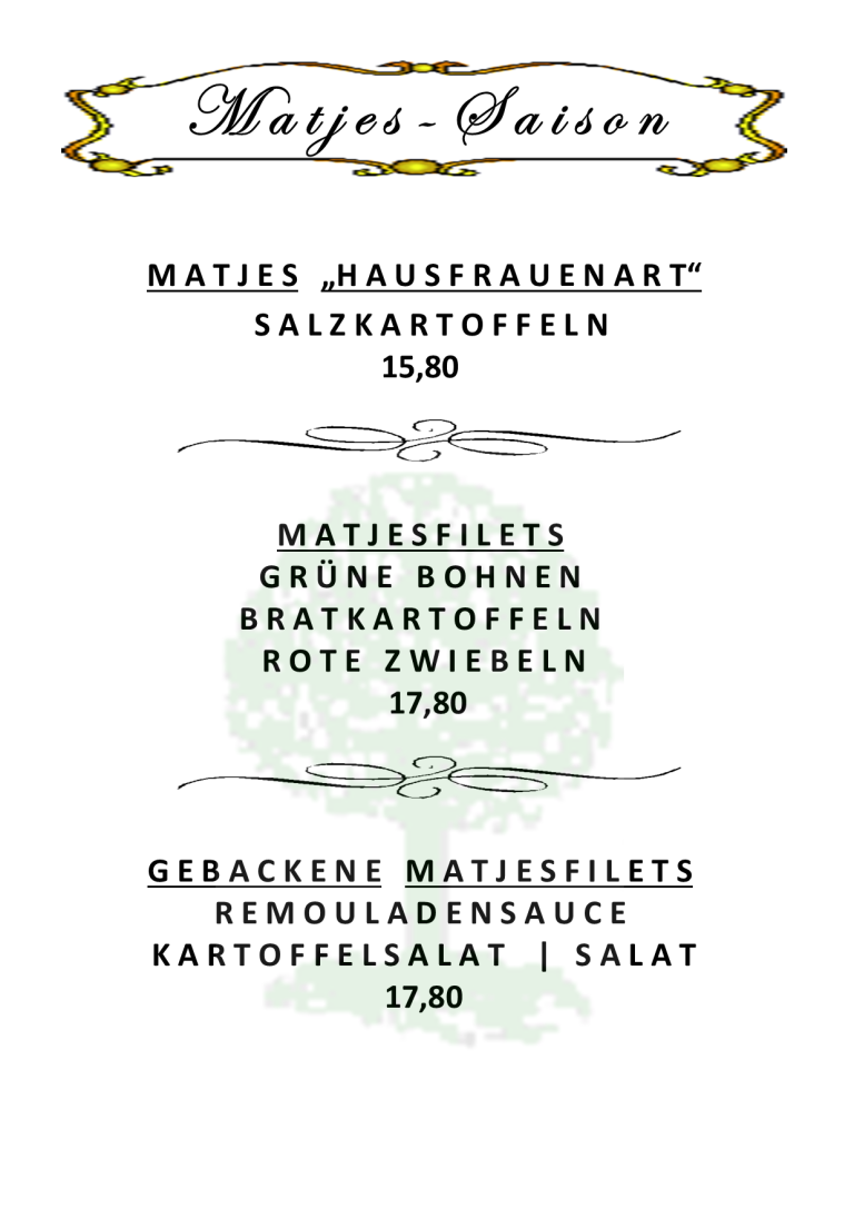 Speisekarte mit verschiedenen Gerichten und Preisen