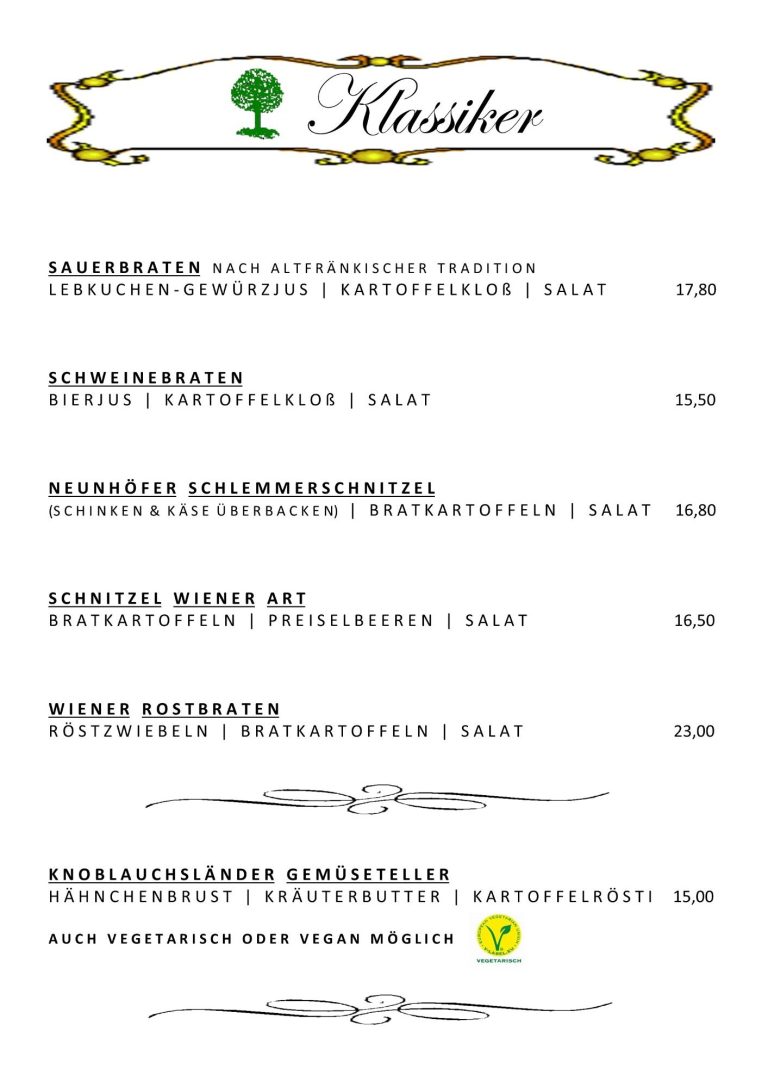 Speisekarte mit verschiedenen Gerichten und Preisen