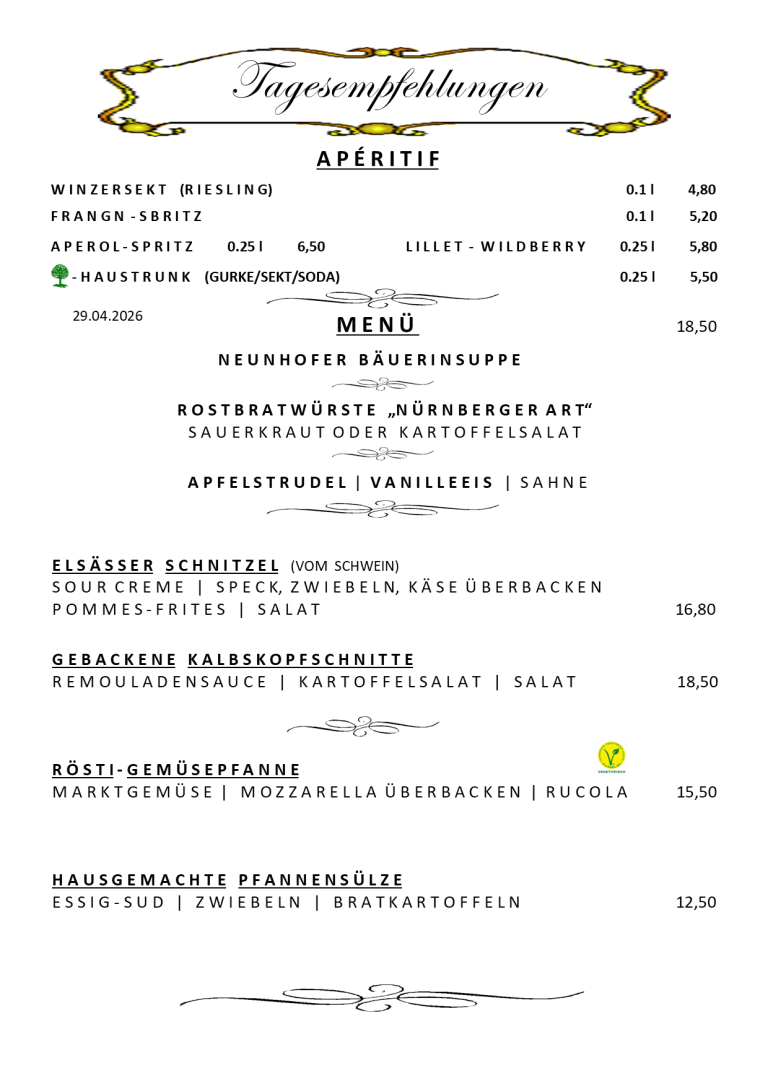 Speisekarte mit verschiedenen Gerichten und Preisen