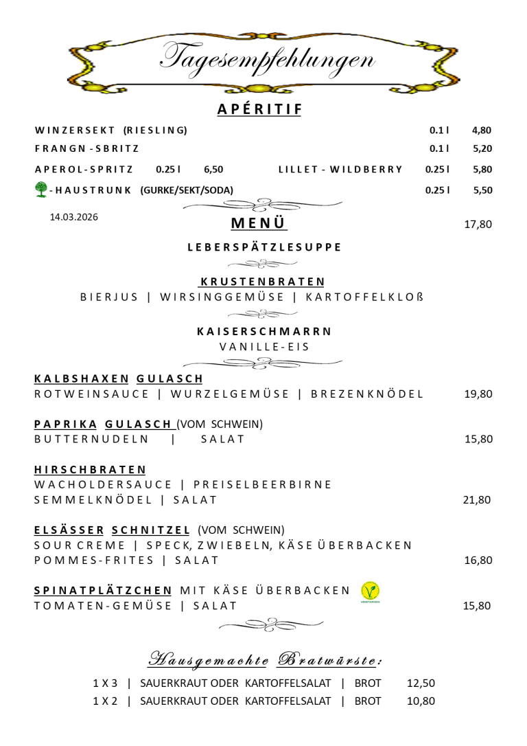 Speisekarte mit verschiedenen Gerichten und Preisen