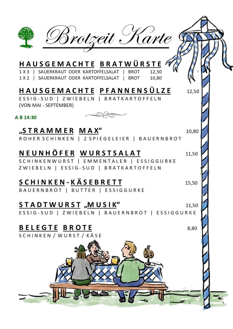Brotzeitkarte mit verschiedenen Gerichten und Preisen