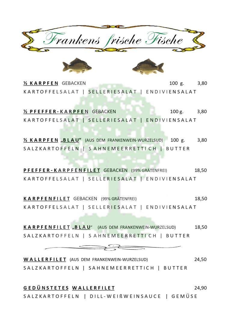 Speisekarte mit verschiedenen Gerichten und Preisen