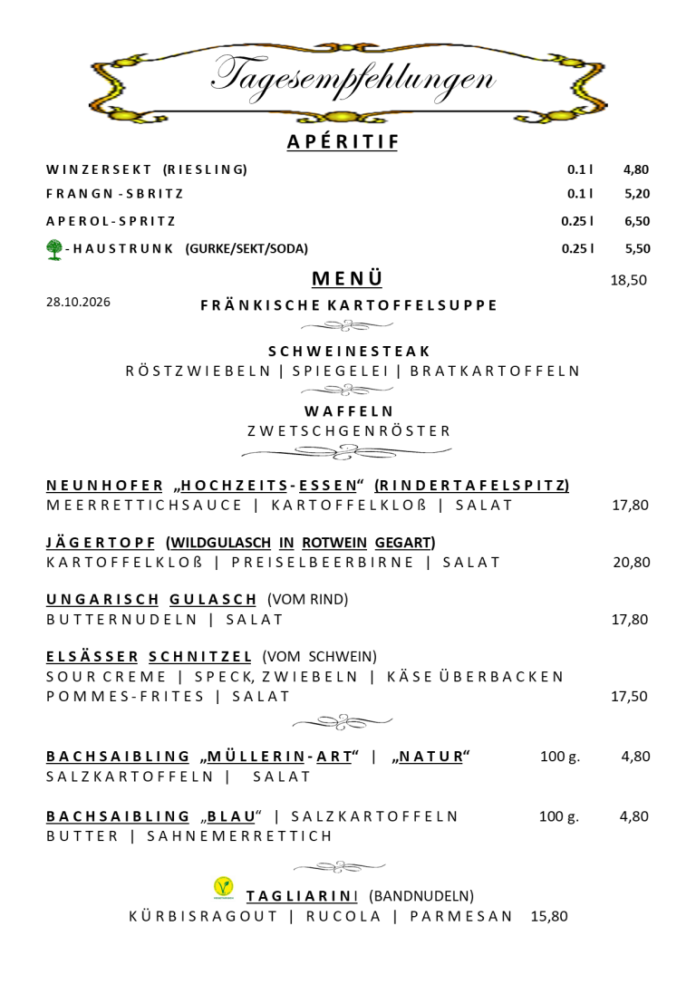 Speisekarte mit verschiedenen Gerichten und Preisen