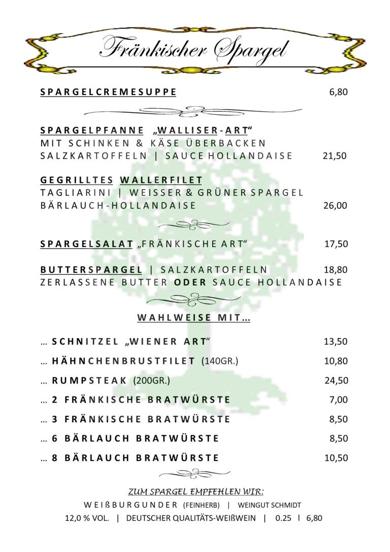 Speisekarte mit verschiedenen Gerichten und Preisen