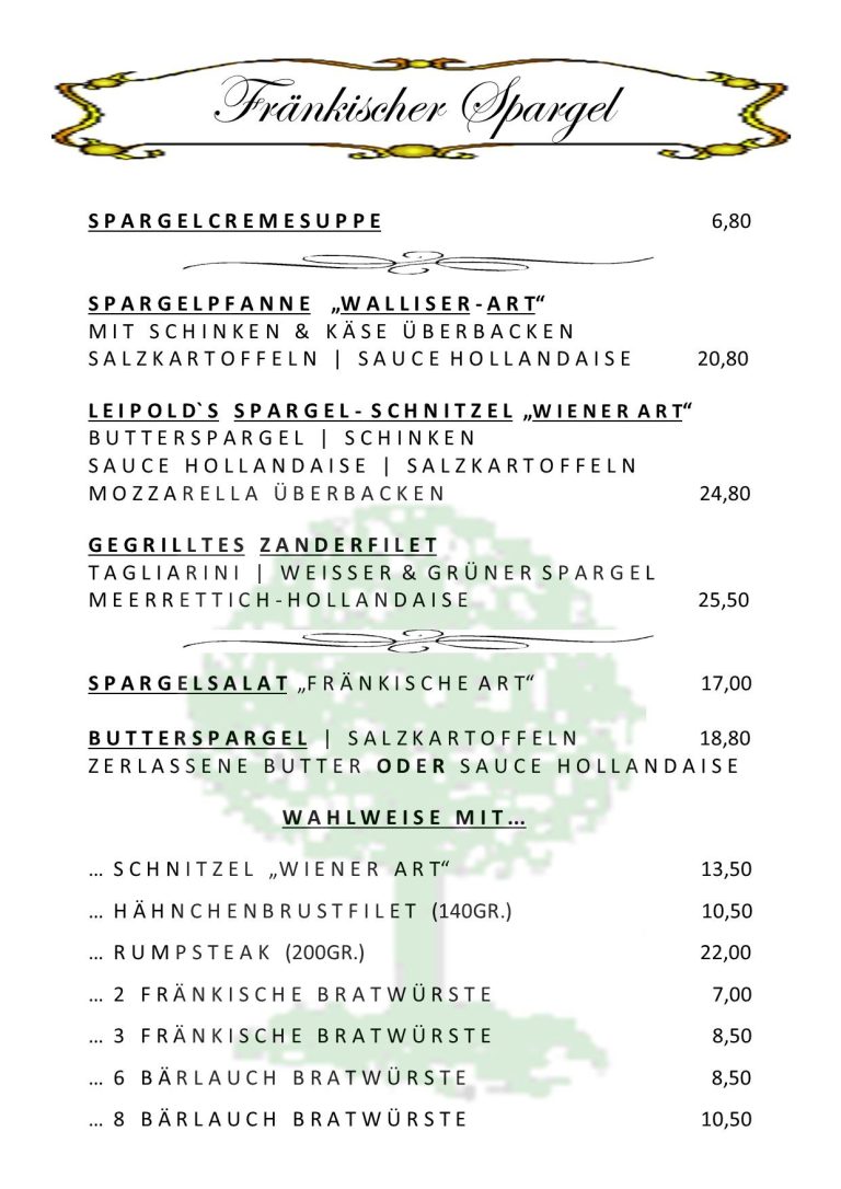 Speisekarte mit verschiedenen Gerichten und Preisen